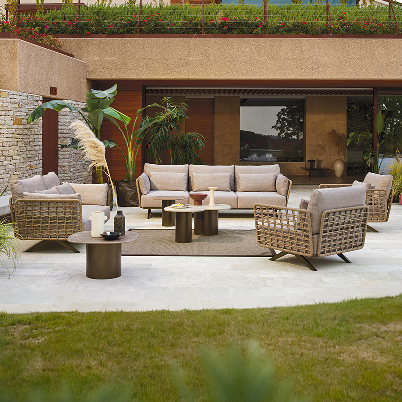 Sofá al aire libre patio terraza jardín villa balcón al aire libre a prueba de lluvia tela de caña ocio hotel mesa de té muebles combinados image 4