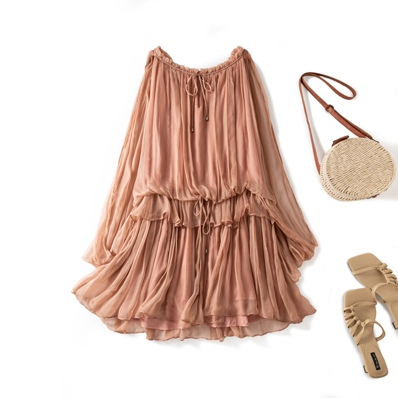 Ruffled Silk Long-Sleeved Dress with a Girly Feel, Cinnamon Pink Seaside Vacation Mulberry Silk Beach Dress 26055