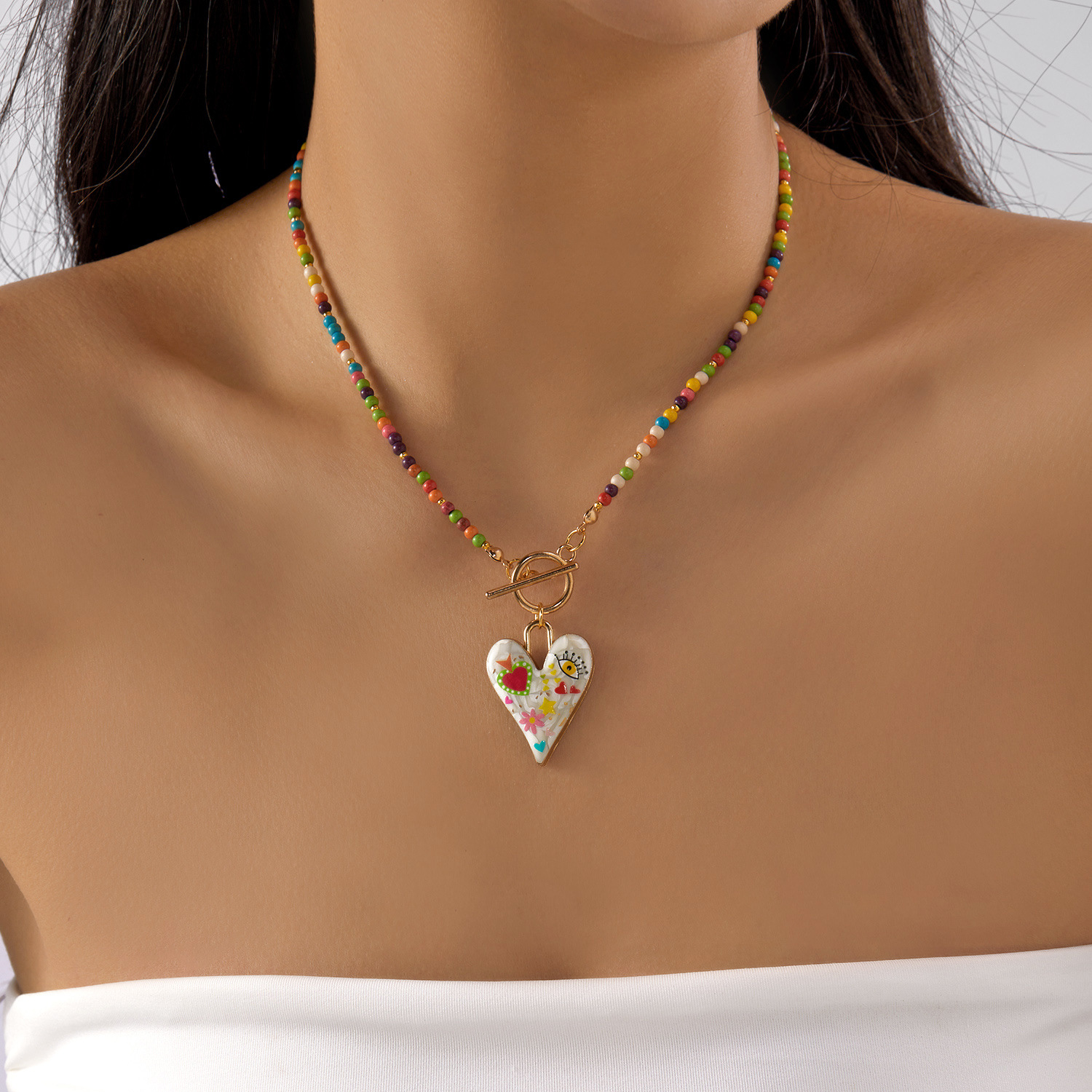 Collier transfrontalier en perles de riz pour femmes, pendentif œil de diable rond, collier tendance et polyvalent pour tous les jours (vente en gros)_voghion.com
