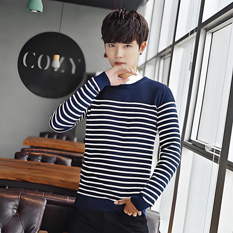 Autumn and Winter Striped Design Contrasting Color Long-Sleeved Winter Knitwear Men's Pullover Round Neck Casual Knitwear Off Code
