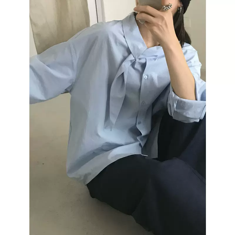 THINK十三行韩系飘带领衬衫女2025秋新款设计感别致叠穿长袖上衣