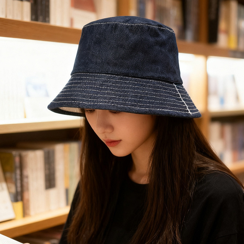 日系双面可戴帽子女春夏显脸小牛仔渔夫帽百搭水桶帽遮阳防晒盆帽|undefined