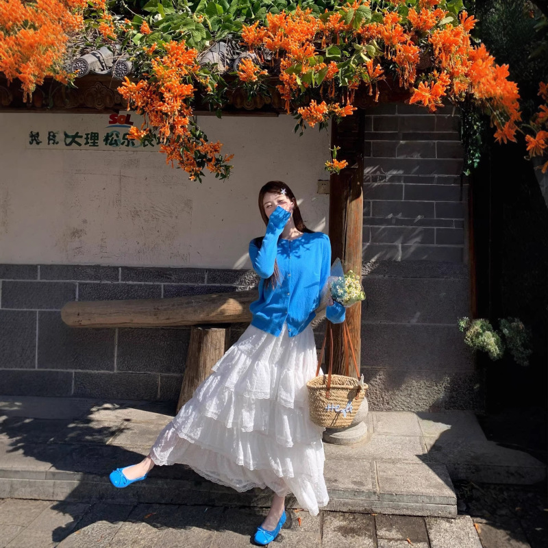 White Cake Skirt for Women, Spring and Summer, High-Waisted, Slimming, Korean Style, Multi-Layered Princess Skirt, Lace Mesh A-Line Puffy Long Skirt