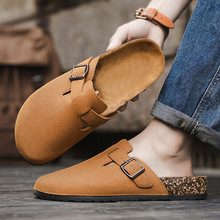 跨境2025夏季新款包头拖鞋男一脚蹬办公室软木情侣休闲复古勃肯鞋