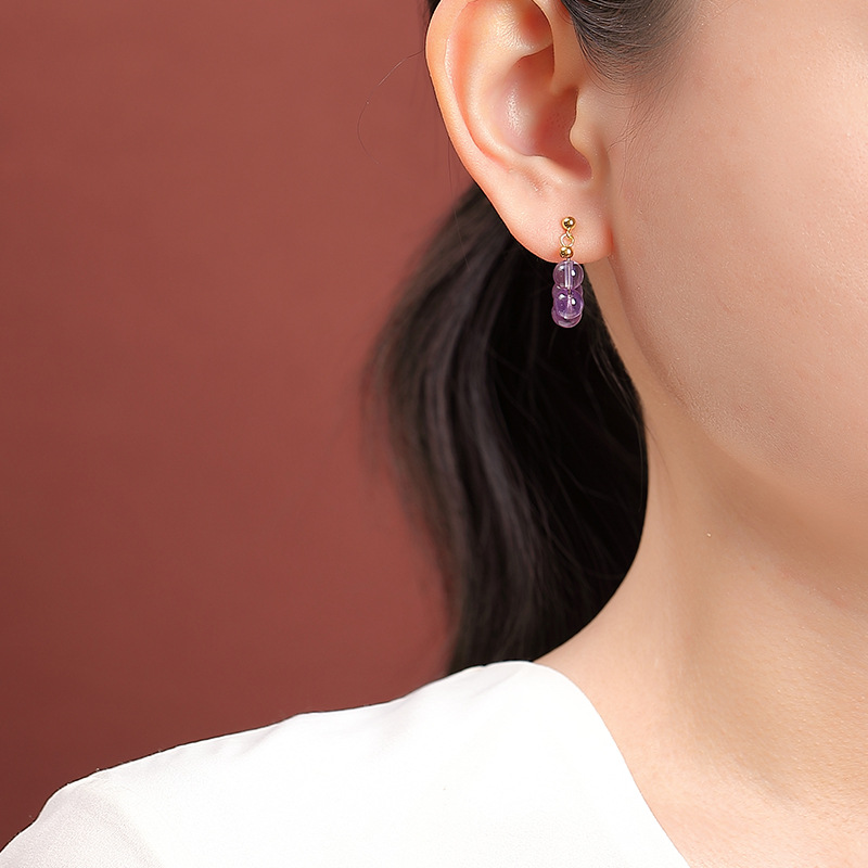 Bông tai tròn bạc S925 mạ vàng đính đá pha lê thạch anh tím — Mô hình thạch anh tím