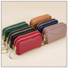 Wholesale first-layer cowhide double zipper keychain coin purse small wallet minimalist mini wallet for women genuine leather