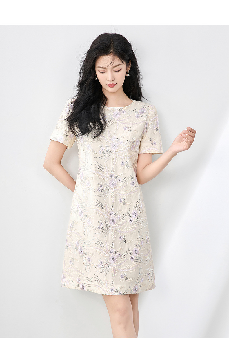 Váy chữ A thêu hoa đính sequin tinh tế, quý phái, dáng suông midi — Màu hồng chi tiết 11