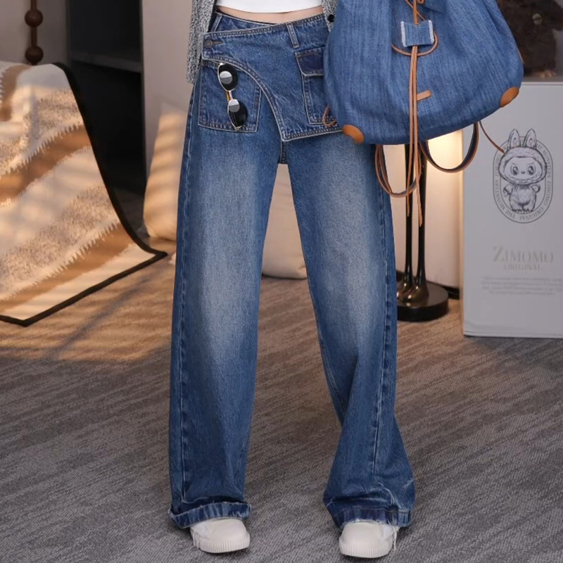 欧货小众设计假两件阔腿牛仔裤女2025春秋新款高腰宽松休闲直筒裤|undefined
