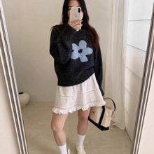 韩系花朵提花圆领毛衣女2025秋冬宽松短款套头毛针织衫小个子上衣