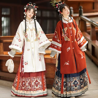 定制成人冬季女款加绒加厚刺绣方领短袄琵琶袖马面裙汉服日常套装