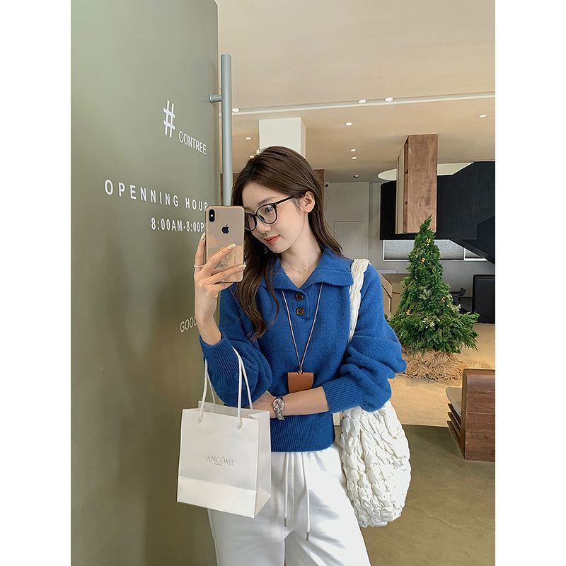 Klein Blue Polo Collar Sweater Women's Autumn and Winter Lazy High-end Lapel Sweater Loose Top Spring and Autumn Klein Blue Polo Collar Sweater Women's Autumn and Winter Lazy High-end Lapel Sweater Loose Top Spring and Autumn