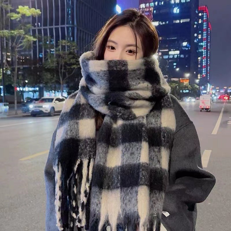 2025新款格子围巾女秋冬季高级感保暖千鸟格美拉德韩系干枯玫瑰粉|undefined