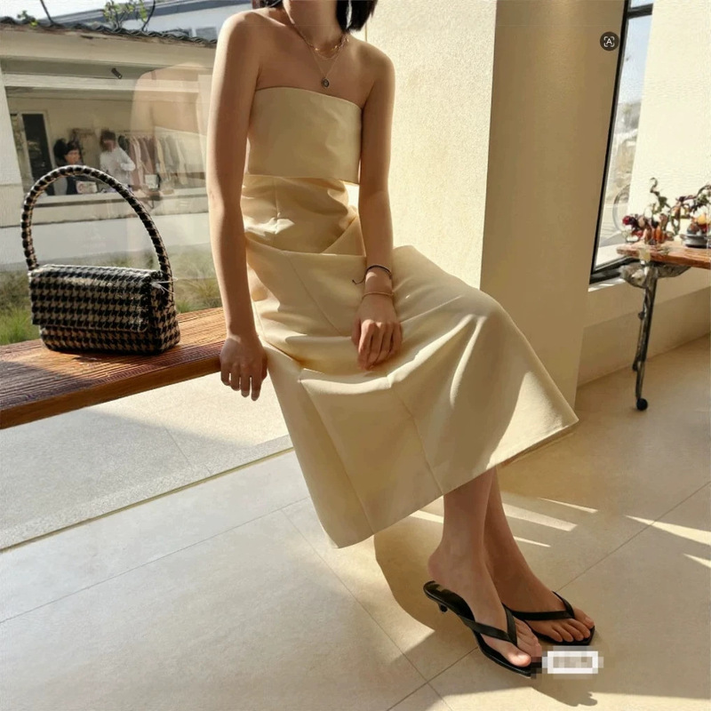 Scandinavian Niche Summer New Dress Skirt Wool Blend Foldableing Tube Top Strapless Dress High-End