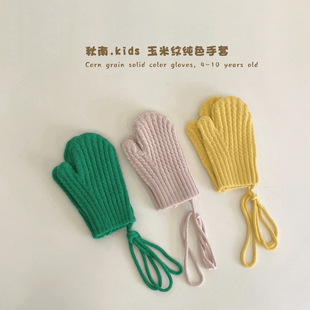 Qiu Nan Children's Gloves Winter Korean-style ins Solid Color Five-finger Gloves Children's Warm Multi-finger Neck Hanging Gloves for Babies