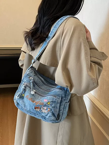 2025 New Korean Denim Casual Embroidered Shoulder Bag Trendy Cute Handbag Fashion Versatile Commuter Crossbody Bag