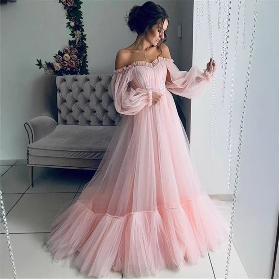 2020 New European and American Export Women's Clothing Wish One-Shoulder Mesh Long-Sleeved Wedding Dress Large Hem Dress New Style
