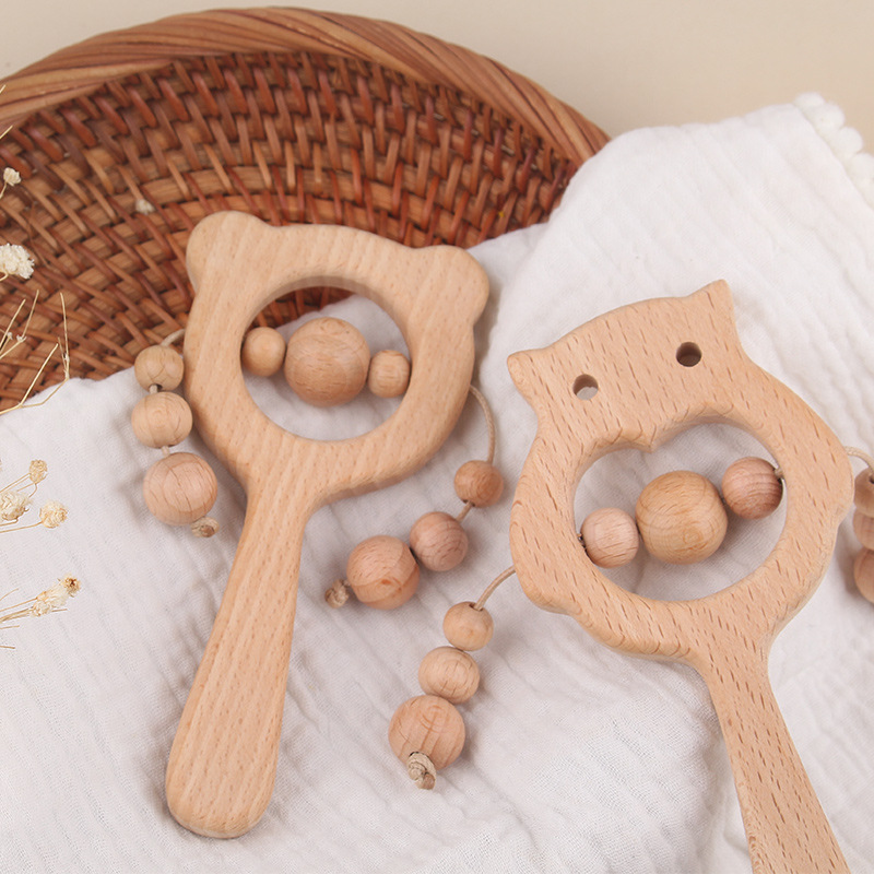 Nuevos dibujos animados DIY palo de haya juguetes de goma de diente búho oso marrón campana juguetes de goma de diente palo de molienda