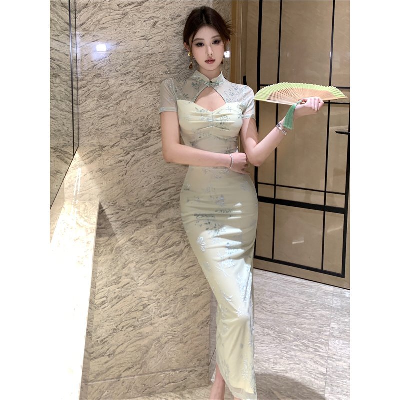 Summer New Chinese Style Short-Sleeved Qipao Dress for Women, Technician Workwear, Purely Sexy Slim-Fit Mesh Long Dress Summer New Chinese Style Short-Sleeved Qipao Dress for Women, Technician Workwear, Purely Sexy Slim-Fit Mesh Long Dress