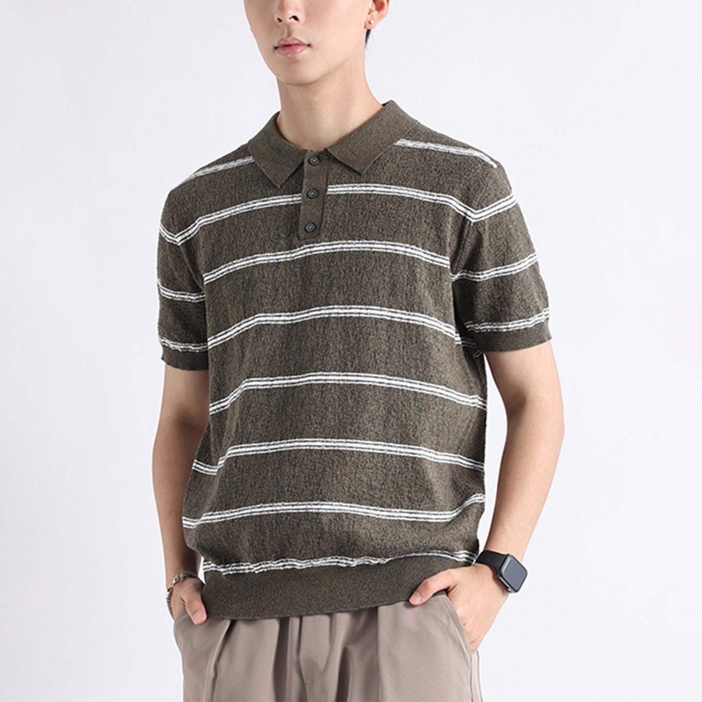 Polo camiseta de punto camiseta de manga corta hombre con solapa estriada textural vieja camiseta de hielo de verano fábrica transfronteriza al por mayor
