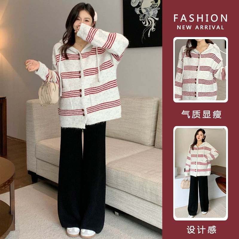 Съемка на месте ~ Осенний и зимний набор корейской моды повседневная полоска толстый свитер куртка широкие брюки из двух частей