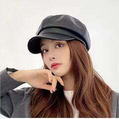八角形帽子女性の秋と冬インインターネット有名人ベレー帽韓国語版多用途英国レトロ黒革キャスケット帽子