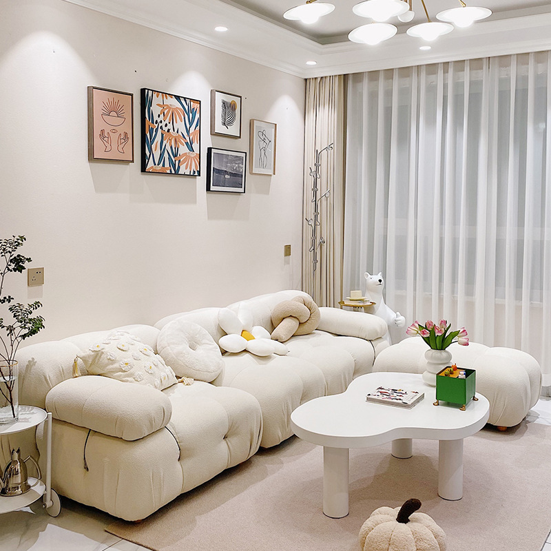 Sofá estilo crema Wabi-sabi para apartamentos pequeños, moderno, minimalista, cuadrado, modular, de varios asientos, para sala de estar, de madera maciza.