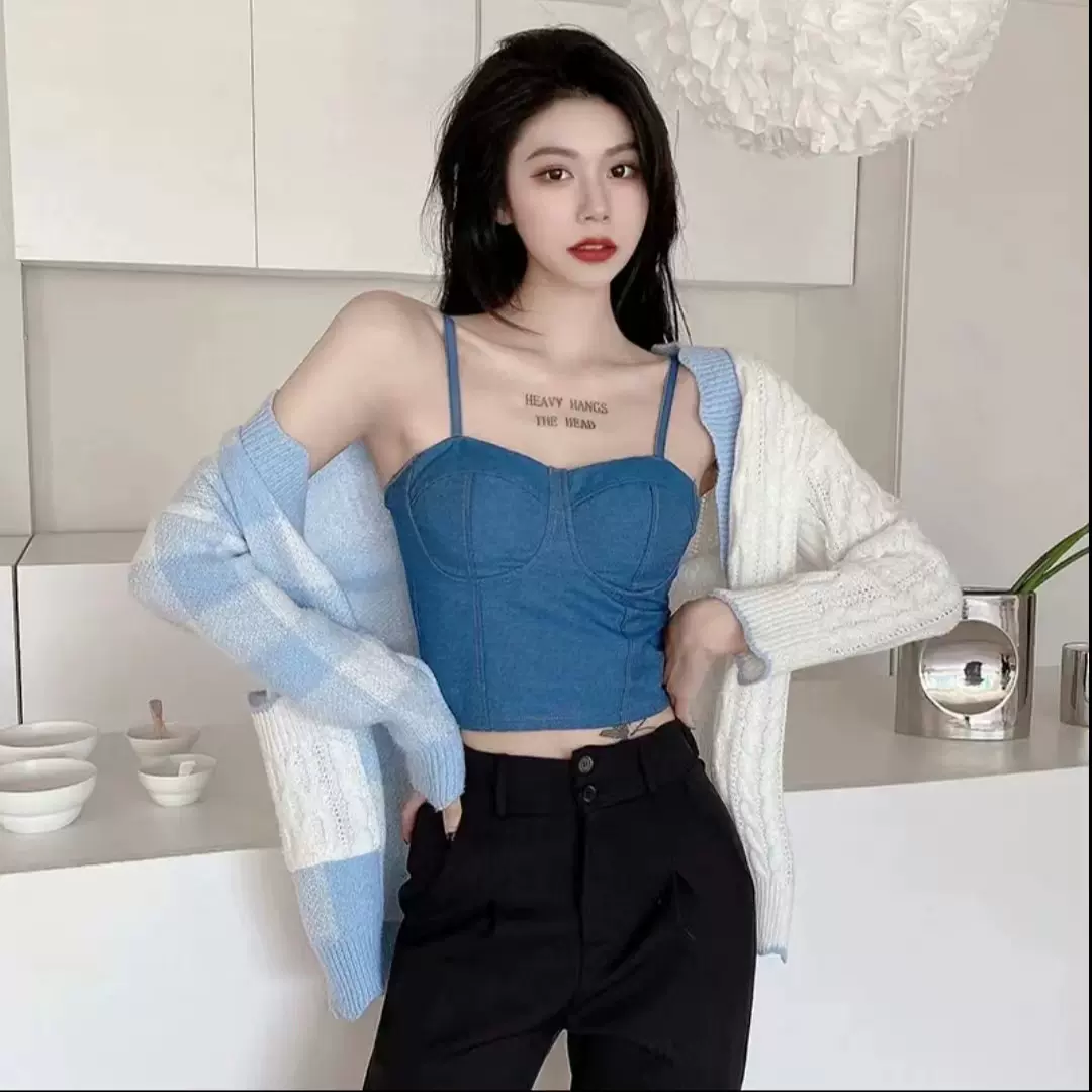 夏季港风辣妹牛仔上衣带胸垫露脐背心百搭外穿无袖打底衫抹胸美背