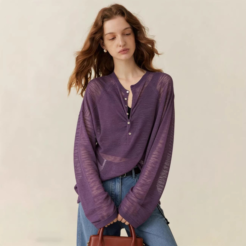 High-End Style Henry Half-Open Collar Bamboo Linen Knit Shirt for Women, Spring and Summer Style, Loose and Relaxed Outerwear, Thin Top