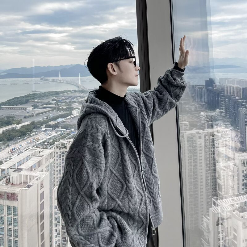 Retro Twist Texture Knitwear Men's Trendyy Brand Knitwear Casual Sports Korean Style Trendyy Versatile Hooded Cardigan Jacket