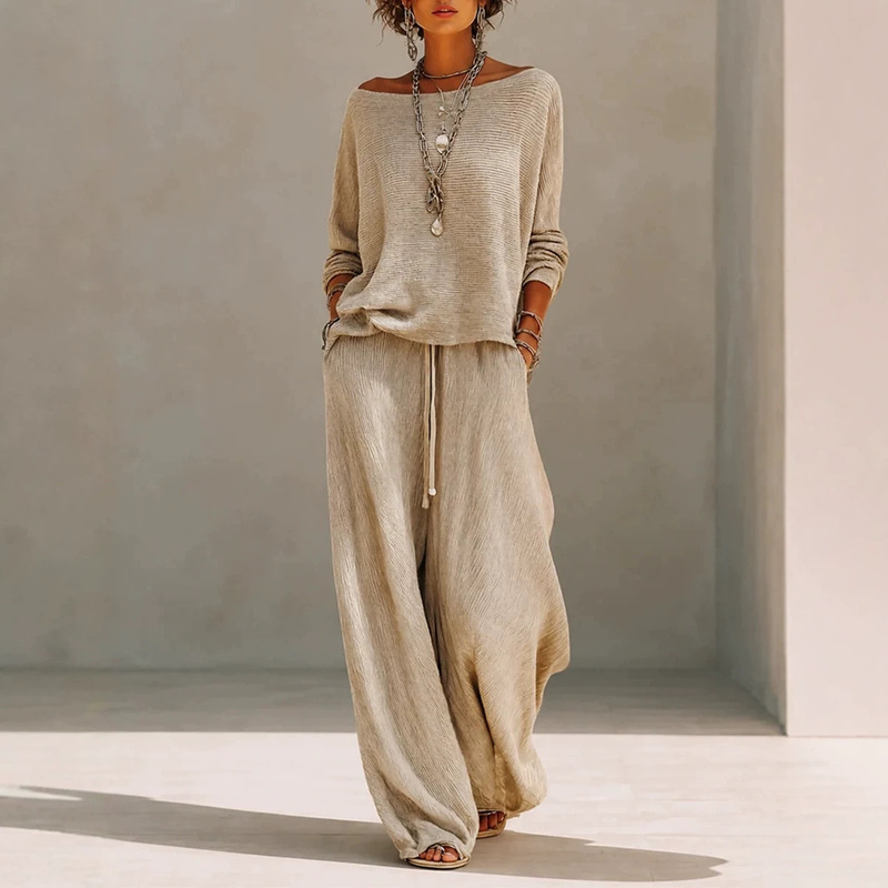 2026 New European and American Style Casual Wool Knit Boat Neck Drop Shoulder Long Sleeve Sweater and Drawstring Wide Leg Pants Set 2026 New European and American Style Casual Wool Knit Boat Neck Drop Shoulder Long Sleeve Sweater and Drawstring Wide Leg Pants Set