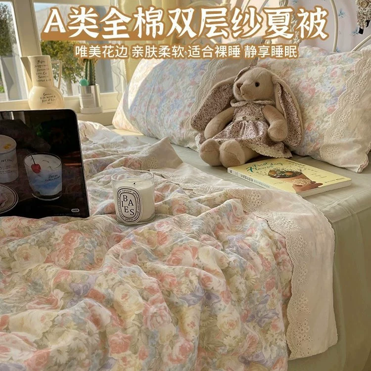 Летнее одеяло в стиле масляной живописи класса А, полностью хлопковое двухслойное марлевое хлопковое одеяло, одинарное или двуспальное одеяло с кондиционером для общежития с небольшим цветочным принтом.