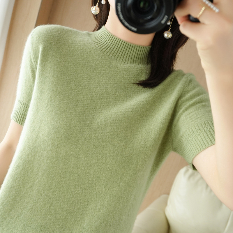 Half Turtleneck Short-Sleeved Knitwear Women's Spring, Autumn and Winter Pullover Top Half-Sleeved Knitwear Wool Bottoming Shirt Short Trendy Ins