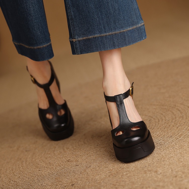 Sandal nữ đế xuồng platform gót vuông phong cách vintage khóa kim loại — màu nâu, màu đen chi tiết 39