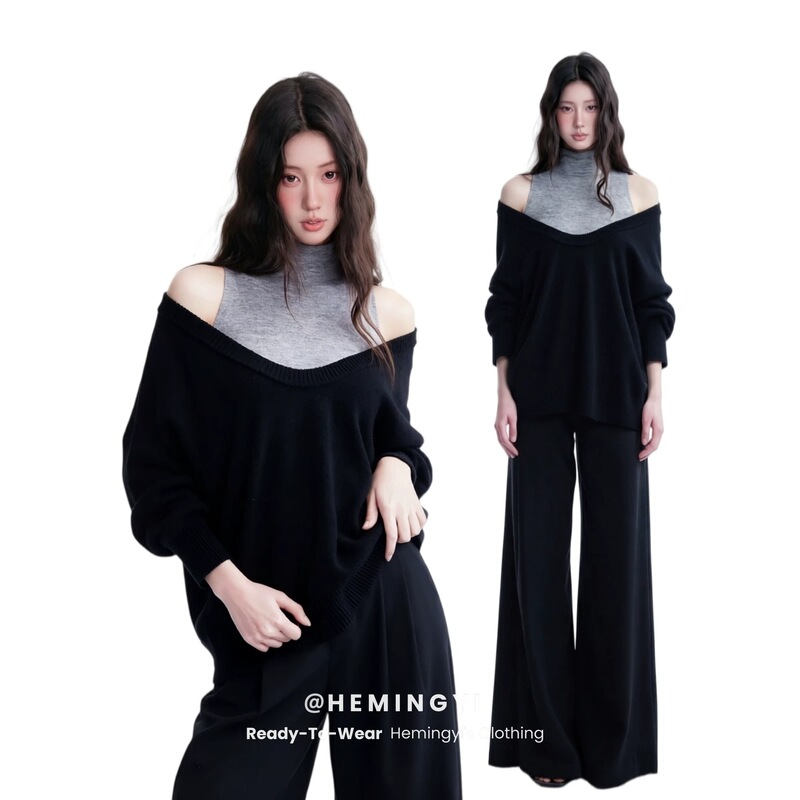 Minimalist two-piece knit sweater 2026 autumn new high-neck V-neck layered slimming versatile loose top for work