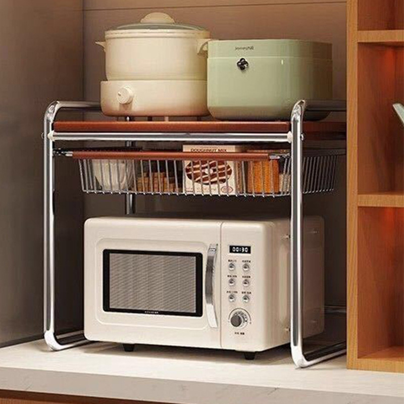 中世スタイルの電子レンジ収納ラックキッチン引き出し式カウンタートップ炊飯器オーブンラック多機能収納ラック|undefined