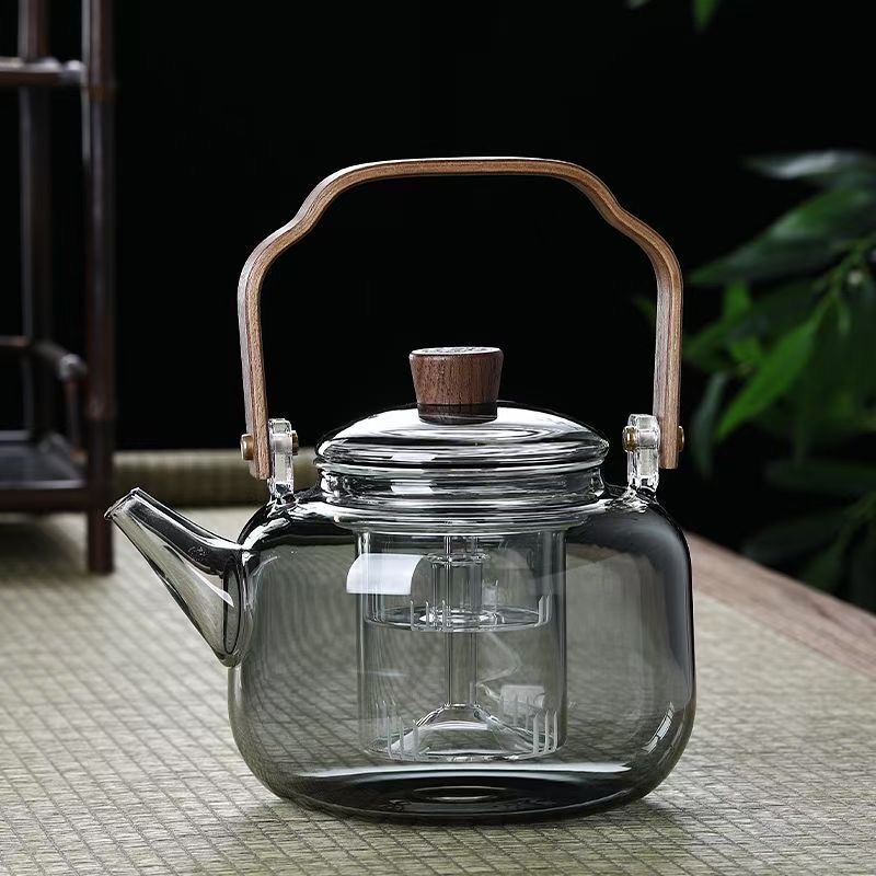 High temperature resistant glass lifting beam teapot household black walnut steaming teapot smoke gray large capacity heat resistant teapot
