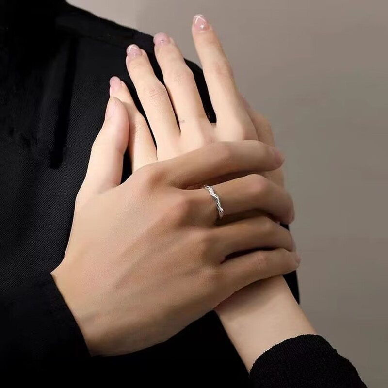 Couple Ring Blue Eucalyptus And Bird Design Adjustable Silver_voghion.com