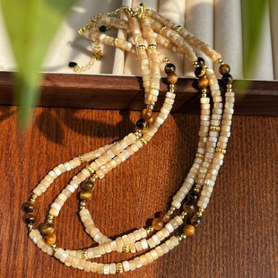 Guofeng Vintage Maillard Style Natural Tiger Eye Natural Shell Flying Saucer Beads Clavicle Chain Atmosphere Necklace