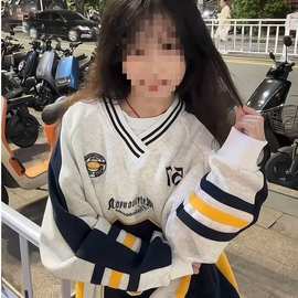 国潮牌美式撞色拼接刺绣领球服卫衣秋冬hiphop设计长袖上衣雪尼尔