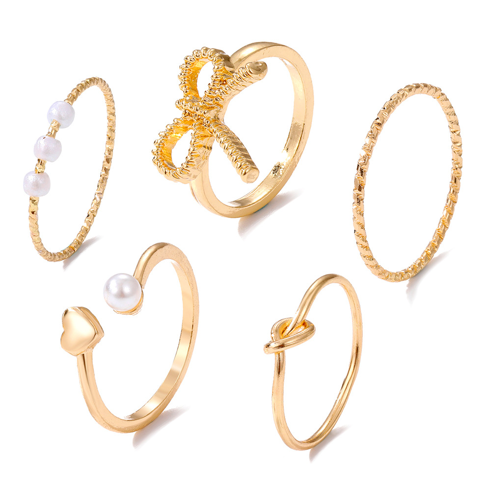 Sweet Star Heart Shape Bow Knot Alloy Inlay Artificial Pearls Womenu0027S Rings 1 Set