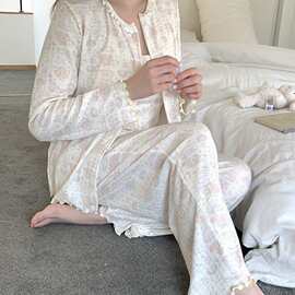 2026韩系猫咪卡通软糯针织三件套家居服服睡衣套装带胸垫