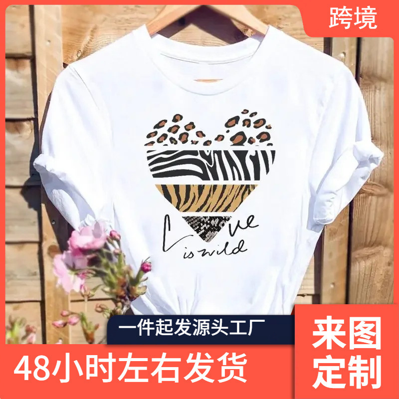 Women's Leopard Love Print T-Shirt Fashion Graphic T-Shirt Short Sleeve 90S Cute Spring Summer Shirt Women's T-Shirt