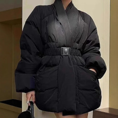韩版复古设计感宽松保暖棉服外套女冬季新款系带收腰V领百搭上衣