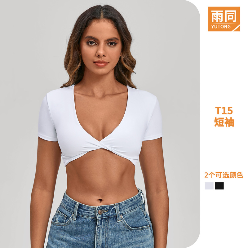 Cross-Border Twist-Knot Yoga Short-Sleeved Tight-Fitting V-Neck Sports Top Brushed Quick-Drying Running Fitness Yoga Wear T15 Cross-Border Twist-Knot Yoga Short-Sleeved Tight-Fitting V-Neck Sports Top Brushed Quick-Drying Running Fitness Yoga Wear T15