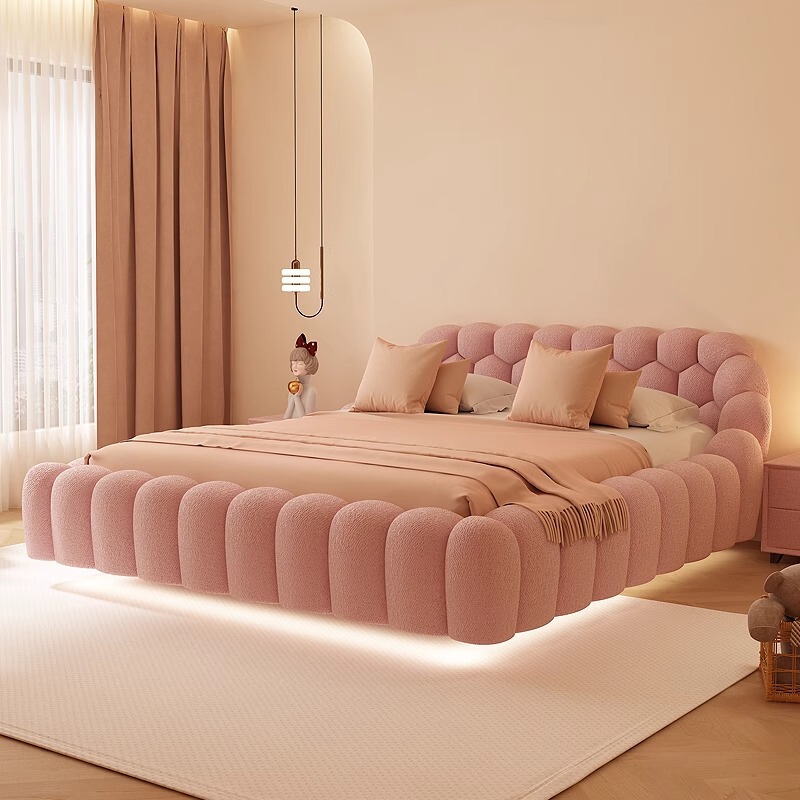 Wabi-Sabi Style Cream High-End Football Suspended Bed Fabric Trendy Bubble Bed for Girls' Master Bedroom Wedding Bed 2.2m