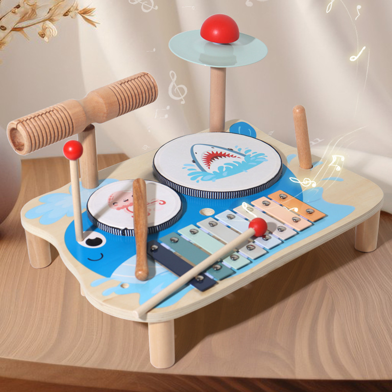 Estación de música multifuncional de madera para niños pequeños, batería de educación temprana para bebés, combinación de música Montessori, juguete de iluminación de percusión