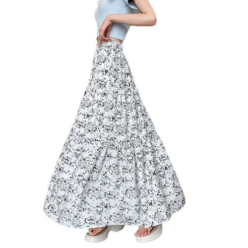 Floral skirt for women new spring and summer black mid-length high-waist retro slimming hips A-line large umbrella skirt