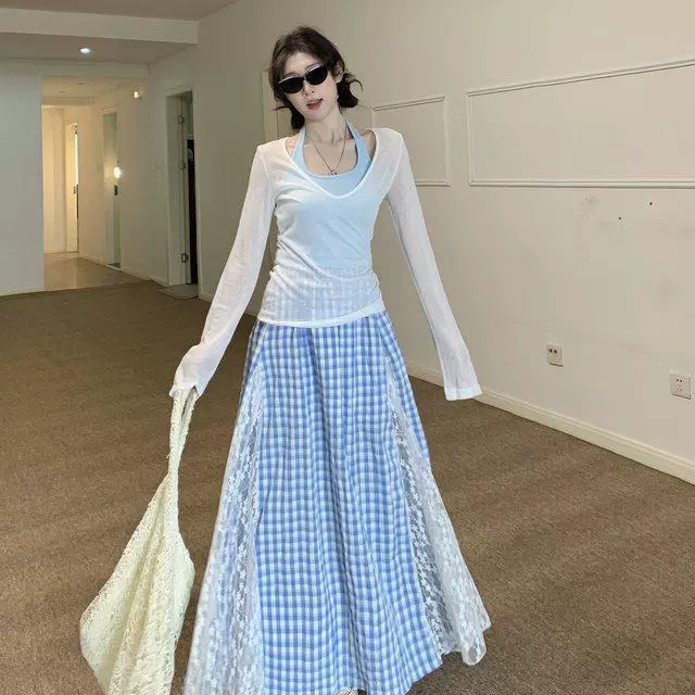 Костюм в стиле соли для полных девушек, юбка, женская весенняя кружевная юбка в клетку в консервативном стиле, комплект из трех предметов