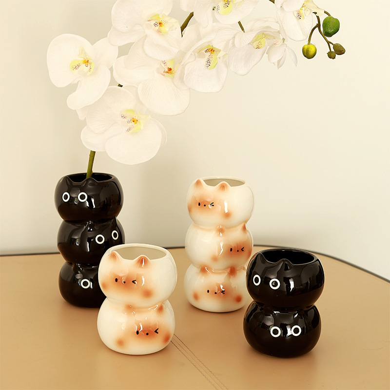 Lindo gato siamés, creativo, jarrón de alto valor, lujo ligero, decoración de la sala de estar, jarrón, flores artificiales, adornos de rosas