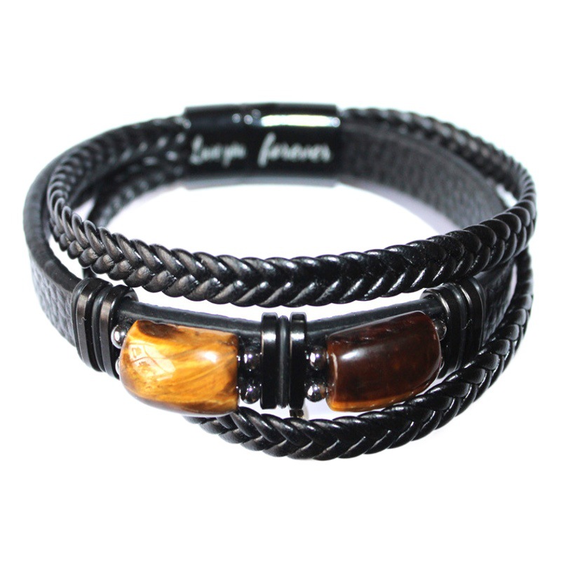 European and American Cross-Border Hot-Selling Tiger Eye Stone Bracelet for Men, Multi-Layer Leather Rope Bracelet, Stone Bracelet with Magnetic Clasp, Men's Jewelry